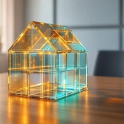 Glazen blokkenhuis met gouden verlichting op bureau, zeven lichtgevende bruggen symboliseren werkverbindingen