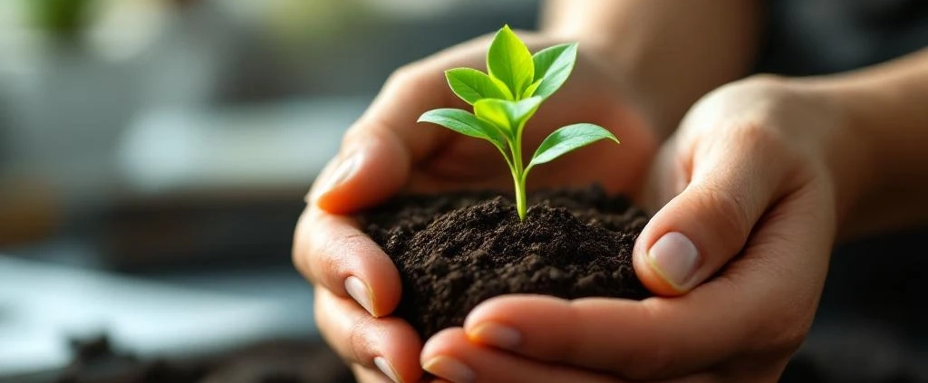 Handen beschermen groen plantje in terracotta pot op modern kantoor, concept duurzaamheid en groei