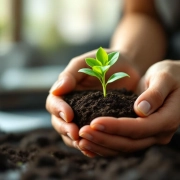 Handen beschermen groen plantje in terracotta pot op modern kantoor, concept duurzaamheid en groei