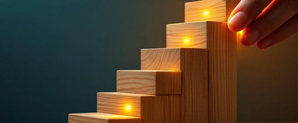 Handen plaatsen houten blok op verlichte zesstraps trap, professionele begeleiding bij stapsgewijze vooruitgang
