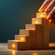 Handen plaatsen houten blok op verlichte zesstraps trap, professionele begeleiding bij stapsgewijze vooruitgang