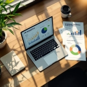 Bovenaanzicht van modern bureau met laptop met HR-analytics, bamboe plant, duurzame kantoorbenodigdheden en natuurlijk licht