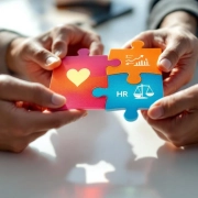 Diverse handen houden kleurrijke puzzelstukken met gezondheidspictogrammen vast op wit bureau met natuurlijk licht