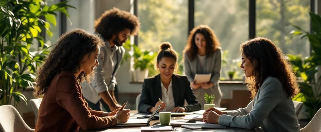 HR-professionals werken samen aan duurzame loopbaanontwikkeling in moderne trainingszaal met natuurlijk licht