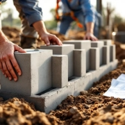 Bouwvakkers leggen betonblokken voor huisfundering in vijf bouwfasen met gereedschap en blauwdrukken op bouwplaats