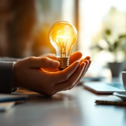 Handen houden gloeiende gloeilamp vast op kantoor, symbool voor inspiratie en creativiteit in bedrijfsomgeving