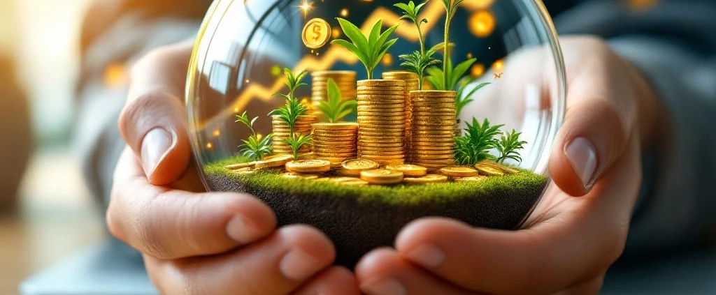 Handen houden glazen bol met miniatuur kantoor, groene planten en gouden munten op houten bureau met grafieken