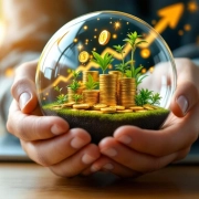 Handen houden glazen bol met miniatuur kantoor, groene planten en gouden munten op houten bureau met grafieken