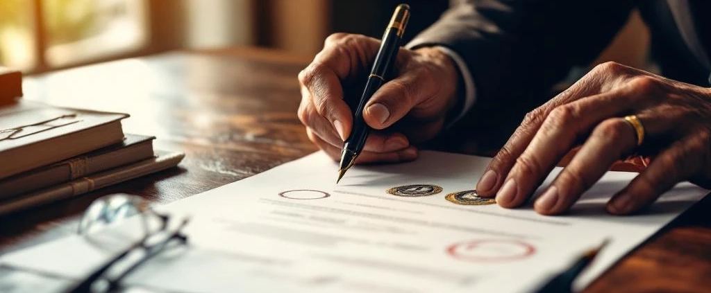 Verweerde handen houden officieel juridisch document vast op mahonie bureau met vulpen en leesbril in kantooromgeving