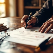 Verweerde handen houden officieel juridisch document vast op mahonie bureau met vulpen en leesbril in kantooromgeving