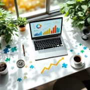 Laptop met kleurrijke datagrafieken op modern bureau met groene planten, kompas en koffiekop in natuurlijk licht