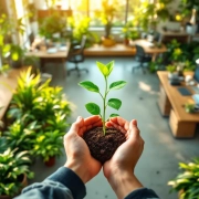 Luchtfoto van moderne kantoorruimte met binnentuinen, houten bureaus en handen die plant verzorgen