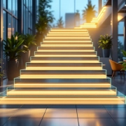 Zes glazen trappen stijgen diagonaal in modern kantoor met laptops en planten, warme verlichting toont groei en vooruitgang