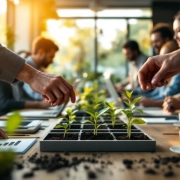 Diverse handen planten groene zaailingen aan moderne conferentietafel met laptops in licht kantoor