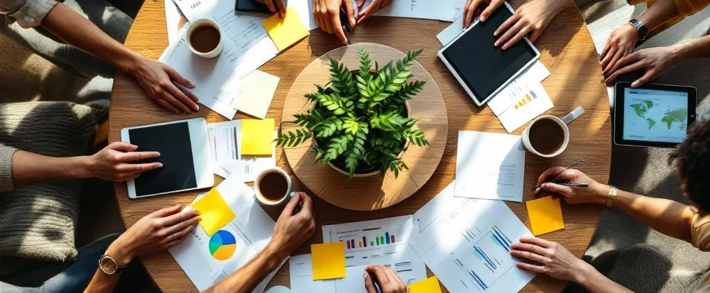 Diverse handen werken samen rond houten tafel met documenten, sticky notes en plant in modern kantoor