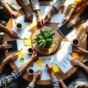 Diverse handen werken samen rond houten tafel met documenten, sticky notes en plant in modern kantoor