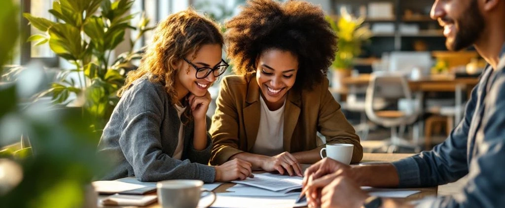 Diverse handen werken samen aan documenten op houten bureau in licht kantoor met planten en moderne werkruimte