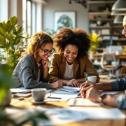 Diverse handen werken samen aan documenten op houten bureau in licht kantoor met planten en moderne werkruimte