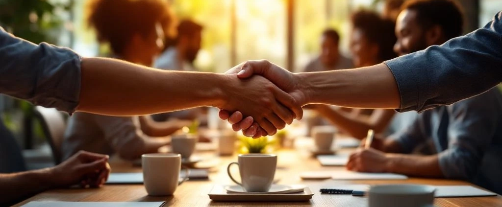 Diverse handen komen samen boven houten vergadertafel in modern kantoor met natuurlijk licht en werkende collega's