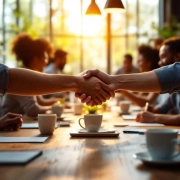 Diverse handen komen samen boven houten vergadertafel in modern kantoor met natuurlijk licht en werkende collega's