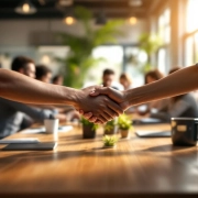 Diverse handen komen samen boven houten vergadertafel in modern kantoor met natuurlijk licht en groene planten