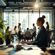 Diverse kantoormedewerkers doen rekoefeningen en lopen vergaderingen in modern kantoor met natuurlijk licht