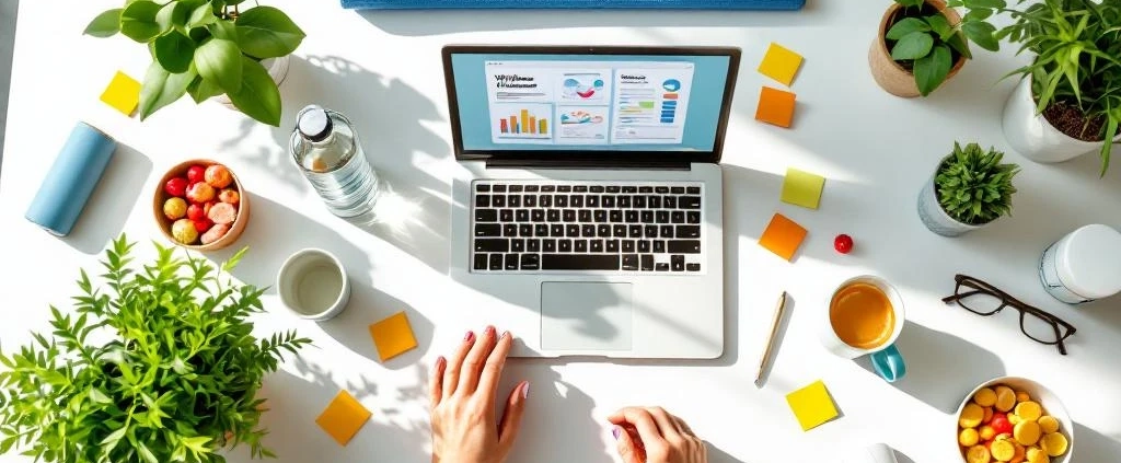 Handen rangschikken wellness-items rond laptop op modern bureau met planten, water en gezonde snacks