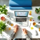 Handen rangschikken wellness-items rond laptop op modern bureau met planten, water en gezonde snacks