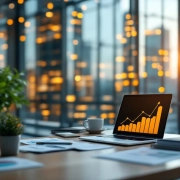Modern glazen kantoorgebouw met verlichte ramen en bureau met laptop, plant en grafieken die bedrijfssucces tonen