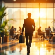 Persoon met aktetas loopt vol vertrouwen naar moderne kantoorruimte met grote ramen en warm zonlicht