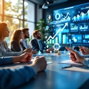 Diverse professionals collaboreren rond conferentietafel met digitale dashboards met retentie- en duurzaamheidsmetrieken