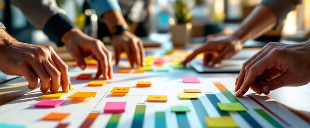 Diverse professionals plaatsen kleurrijke sticky notes op 2025 groeigrafiek tijdens kantoor brainstormsessie