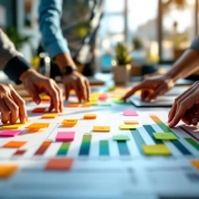 Diverse professionals plaatsen kleurrijke sticky notes op 2025 groeigrafiek tijdens kantoor brainstormsessie