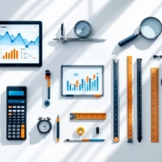 Negen meetinstrumenten gerangschikt op modern kantoorbureau: tablet, rekenmachine, stopwatch, meetlint, weegschaal en meer