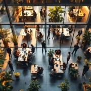 Luchtfoto van modern kantoorgebouw met glazen wanden, diverse professionals in open werkruimtes met planten en natuurlijk licht