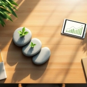 Houten bureau met vijf stenen treden met groeiende planten, tablet met grafieken en duurzame kantoorbenodigdheden