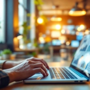 Handen typen op laptop in modern kantoor met natuurlijk licht, planten en samenwerkingsruimtes op achtergrond