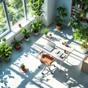 Moderne kantoorwerkplek met laptop, ergonomische stoel en groene planten in helder natuurlijk licht vanuit bovenaf