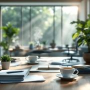 Moderne kantoorwerkplek met houten bureau, theekop, plant en natuurlijk licht door grote ramen in rustige blauwe ruimte