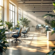 Moderne kantooromgeving met natuurlijk zonlicht, groene planten en ergonomisch meubilair voor productieve werksfeer