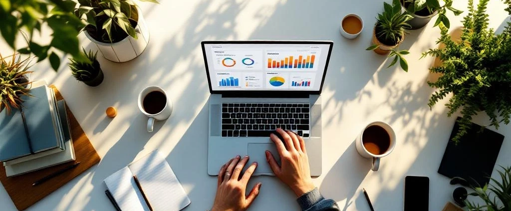 Bovenaanzicht van moderne werkplek met laptop, productiviteitscharts, groene planten en koffie in natuurlijk zonlicht