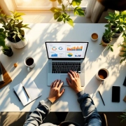 Bovenaanzicht van moderne werkplek met laptop, productiviteitscharts, groene planten en koffie in natuurlijk zonlicht