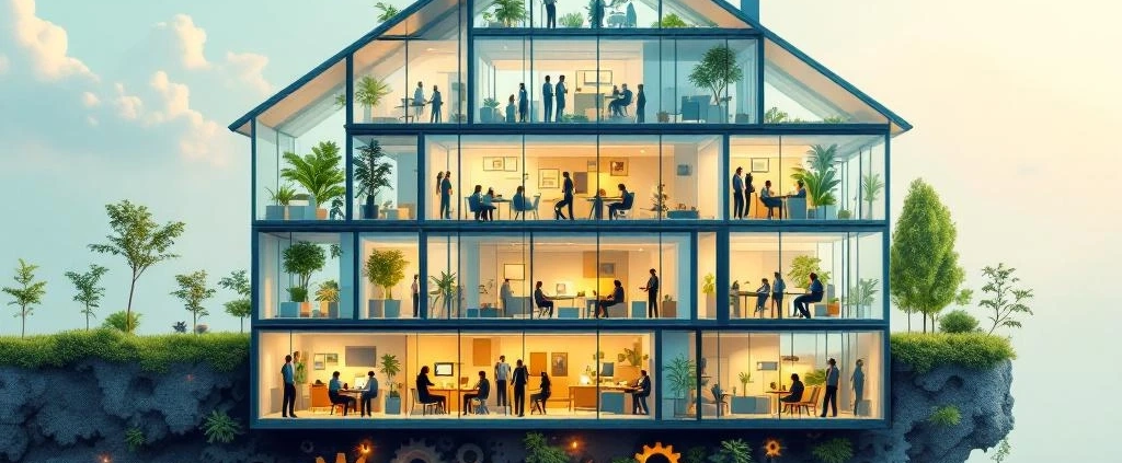 Moderne kantoorgebouw in huisvorm met glazen wanden, diverse werknemers in ergonomische werkruimtes met groene planten