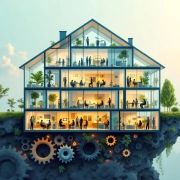 Moderne kantoorgebouw in huisvorm met glazen wanden, diverse werknemers in ergonomische werkruimtes met groene planten