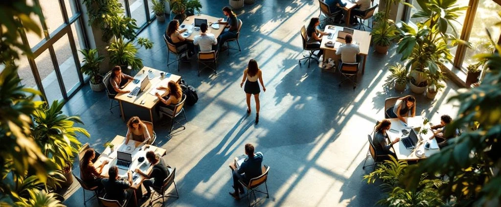 Luchtfoto van moderne kantooromgeving waar diverse medewerkers samenwerken tussen groene planten en natuurlijk licht