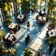 Luchtfoto van moderne kantooromgeving waar diverse medewerkers samenwerken tussen groene planten en natuurlijk licht