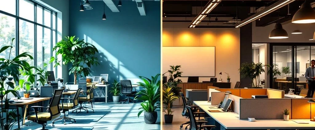 Splitscreen vergelijking van moderne werkplek met ergonomisch meubilair versus traditionele kantooromgeving met hokjes