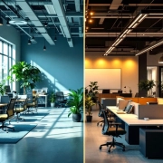 Splitscreen vergelijking van moderne werkplek met ergonomisch meubilair versus traditionele kantooromgeving met hokjes