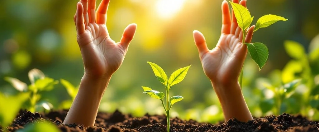 Handen groeien uit vruchtbare grond als planten, omringd door groen gebladerte en gouden zonlicht, symboliseert groei.