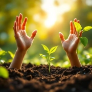 Handen groeien uit vruchtbare grond als planten, omringd door groen gebladerte en gouden zonlicht, symboliseert groei.